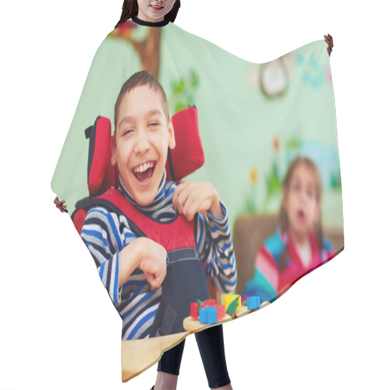 Personality  Cheerful Boy With Disability At Rehabilitation Center For Kids With Special Needs Hair Cutting Cape