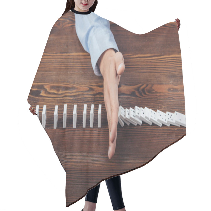 Personality  Top View Of Man Preventing Dominoes From Falling On Wooden Desk Hair Cutting Cape