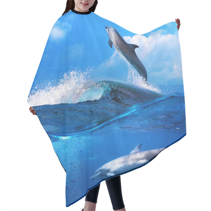 Personality  Dolphin Leaping From Breaking Surfing Wave And His Family Underw Hair Cutting Cape