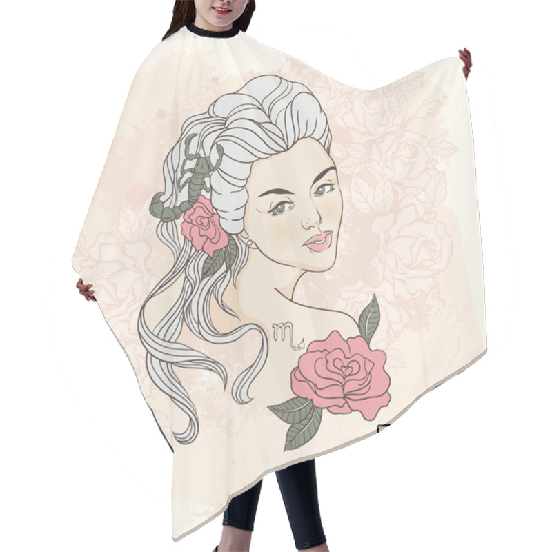 Personality  Zodiac. Vector Illustration Of Scorpio As Girl With Flowers. Des Hair Cutting Cape