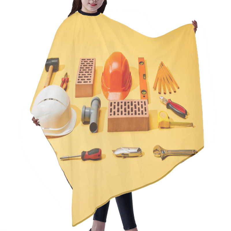 Personality  Flat Lay With Bricks, Helmets, Industrial Tools And Measuring Tape On Yellow Background Hair Cutting Cape