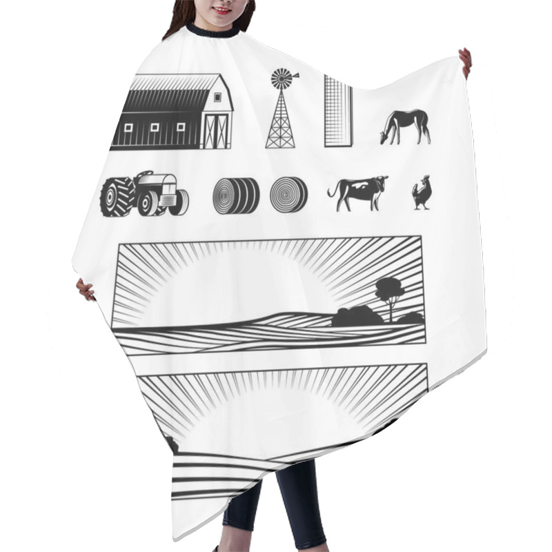 Personality  Farming And Countryside Set With Farmland Landscapes And Various Rural Stuff And Animals. Hair Cutting Cape