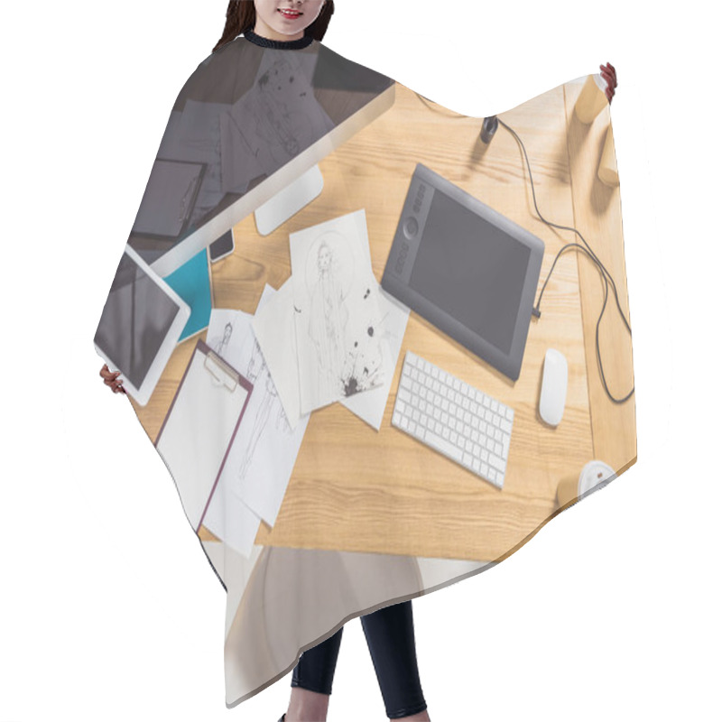 Personality  Work Place Of Designer With Illustrations And Computer Hair Cutting Cape