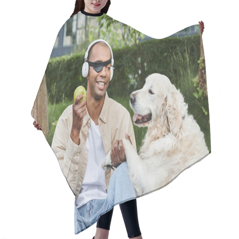 Personality  An African American Man With Myasthenia Gravis Wears Headphones Next To His Loyal Labrador Dog, Embodying Diversity And Inclusion. Hair Cutting Cape