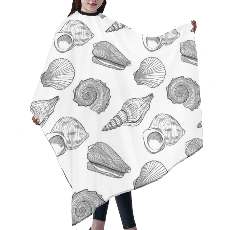 Personality  Black And White Seamless Pattern With Seashells. Hand Drawn Outline Vector Illustration Of Underwater Shells. Nautical Background. Marine Elements On White For Cards, Decoration, Textile, Print Hair Cutting Cape