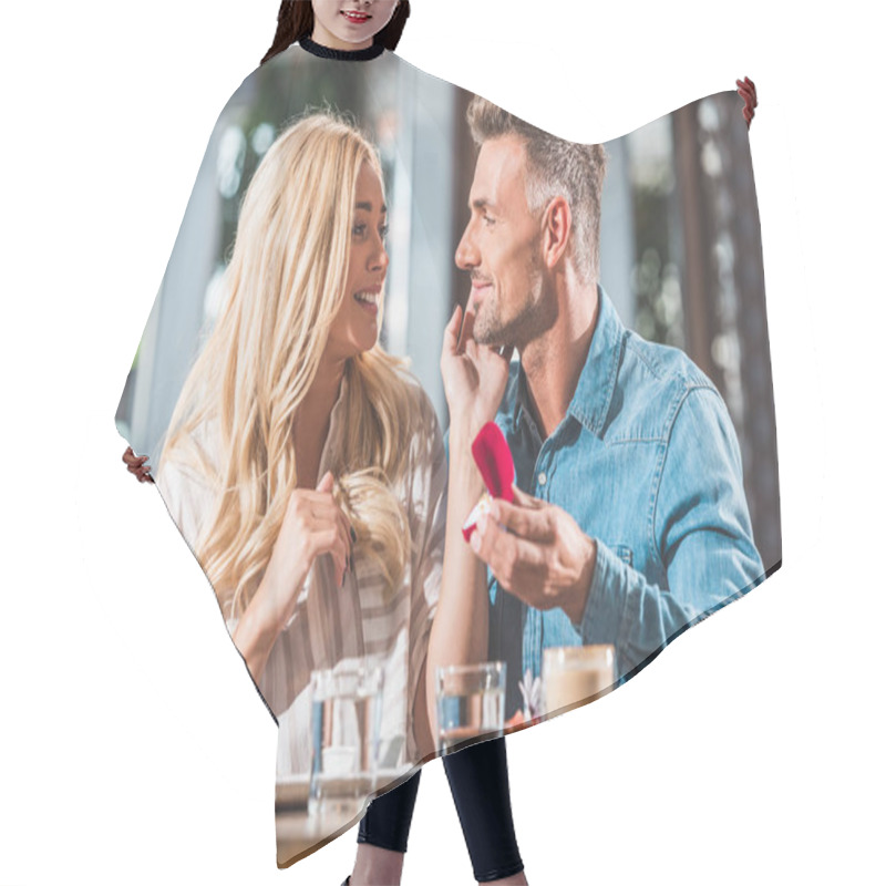 Personality  Handsome Boyfriend Proposing Surprised Girlfriend And Showing Ring In Cafe Hair Cutting Cape