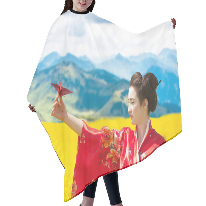 Personality  Geisha With An Origami Crane In The Yellow Flowering Field Hair Cutting Cape