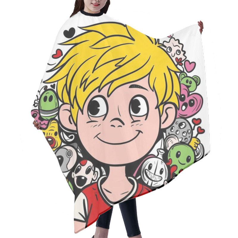 Personality  Illustration Of A Blonde Cartoon Boy Smiling Happily, Surrounded By Various Colorful And Whimsical Doodles, Including Hearts, Smiling Faces, And Playful Characters Hair Cutting Cape