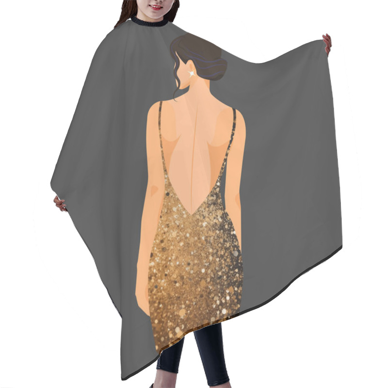 Personality  Vector Fashion Illustration, A Young Elegant Woman In A Luxurious Golden Shiny Dress With Bare Shoulders And Back. Back View. Hair Cutting Cape