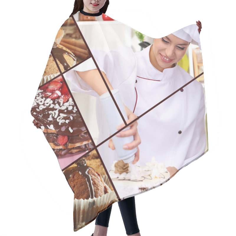 Personality  Collage Of Confectionery Theme Consisting Of Delicious Pastries And Cook Hair Cutting Cape