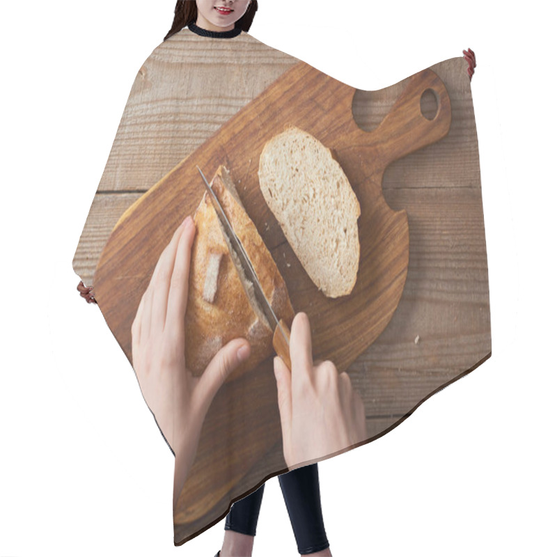 Personality  Partial View Of Woman Slicing Loaf Of Bread On Wooden Chopping Board Hair Cutting Cape