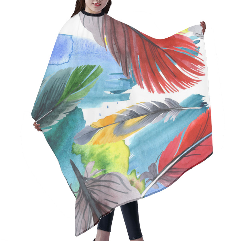 Personality  Colorful Bird Feather From Wing Isolated. Watercolour Drawing Fashion Aquarelle. Fabric Wallpaper Print Texture. Hair Cutting Cape