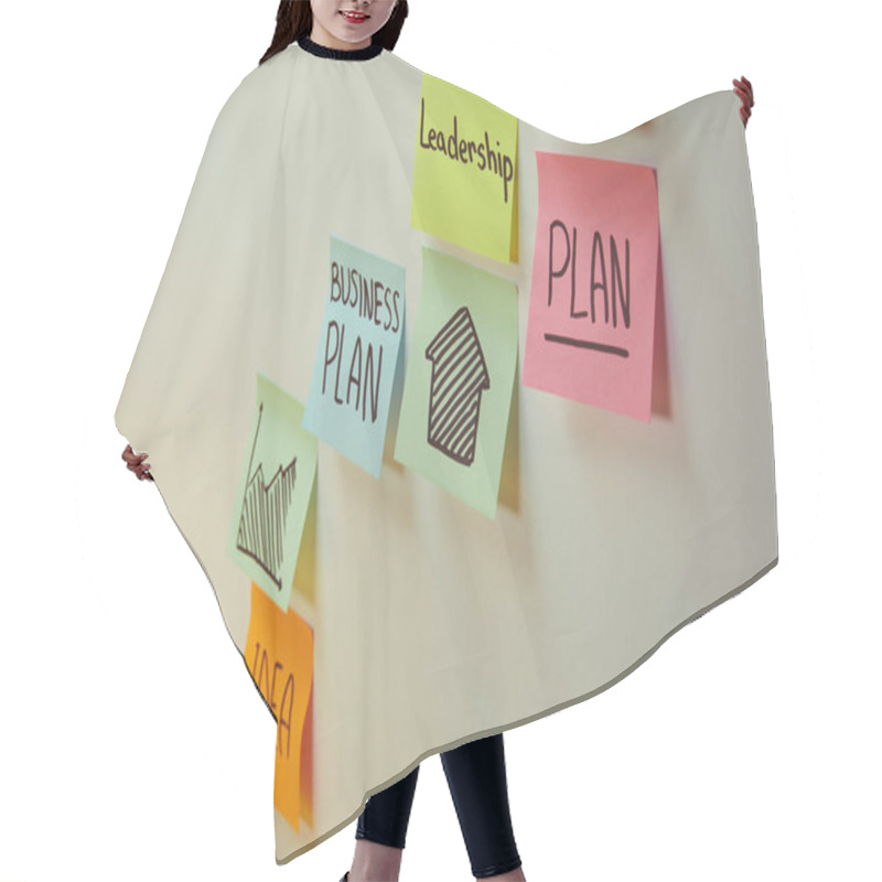 Personality  Paper Stickers With Words Business Plan, Leadership And Idea On Wall Hair Cutting Cape