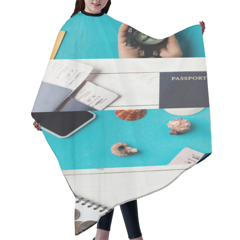 Personality  Collage Of Passports With Boarding Passes, Seashells, Money, Smartphone, Compass In Female Hand And Notebook With Pencil On Blue And Wooden White Background, Travel Concept Hair Cutting Cape