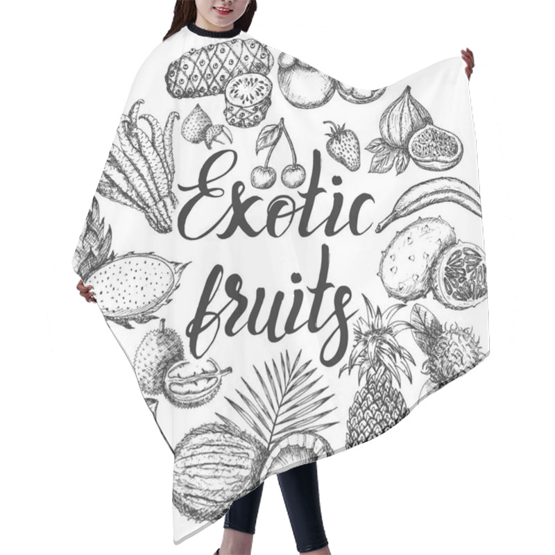 Personality  Vector Illustration, Set Of Hand Drawn Exotic Fruits With Inscription Hair Cutting Cape