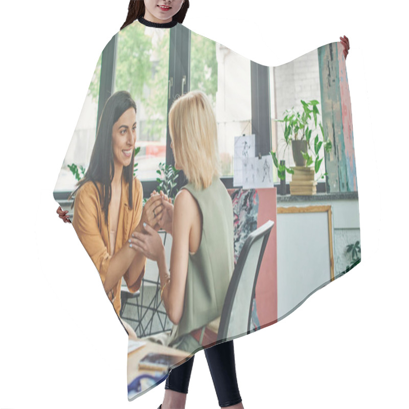 Personality  Two Women Wearing Smart Casual Attire Work On A Project In A Cozy Office Space. Hair Cutting Cape