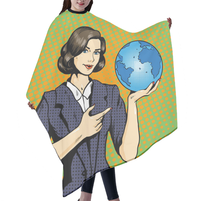 Personality  Business Lady With Planet Earth In Hand Vector Illustration Pop Art Comic Hair Cutting Cape