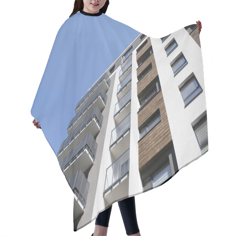 Personality  Urban Lifestyle. Facade Of New Modern Residential House. Apartment Building In The City.  Hair Cutting Cape