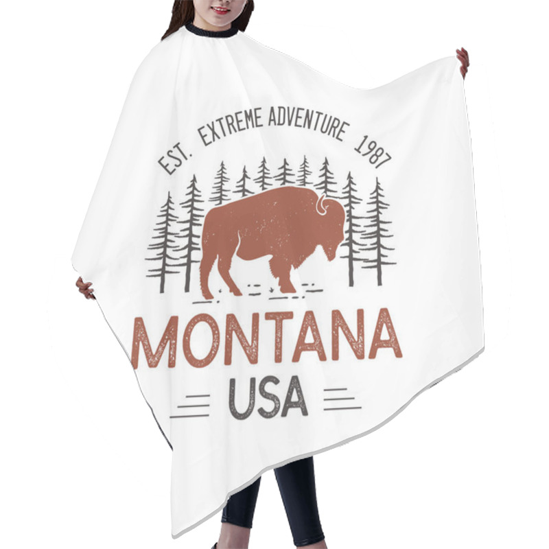 Personality  Montana USA Logo Template, Retro National Park Adventure Emblem Design With Bison Buffalo And Trees Head. Unusual Vintage Art Style Sticker. Stock Vector Label. Hair Cutting Cape