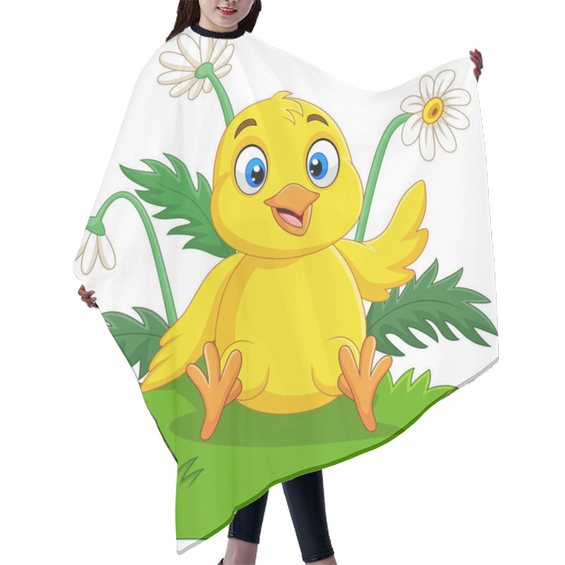 Personality  Vector Illustration Of Cartoon Baby Chick Sitting On The Grass Hair Cutting Cape