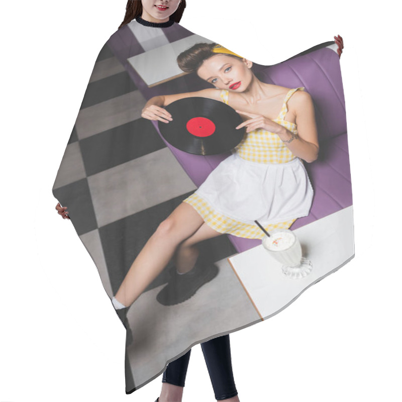 Personality  High Angle View Of Pin Up Woman With Red Lips Holding Vinyl Disc In Cafe  Hair Cutting Cape