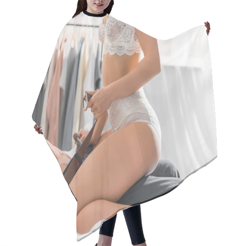 Personality  Cropped View Of Woman In White Lingerie Undressing Man During Foreplay In Bedroom Hair Cutting Cape