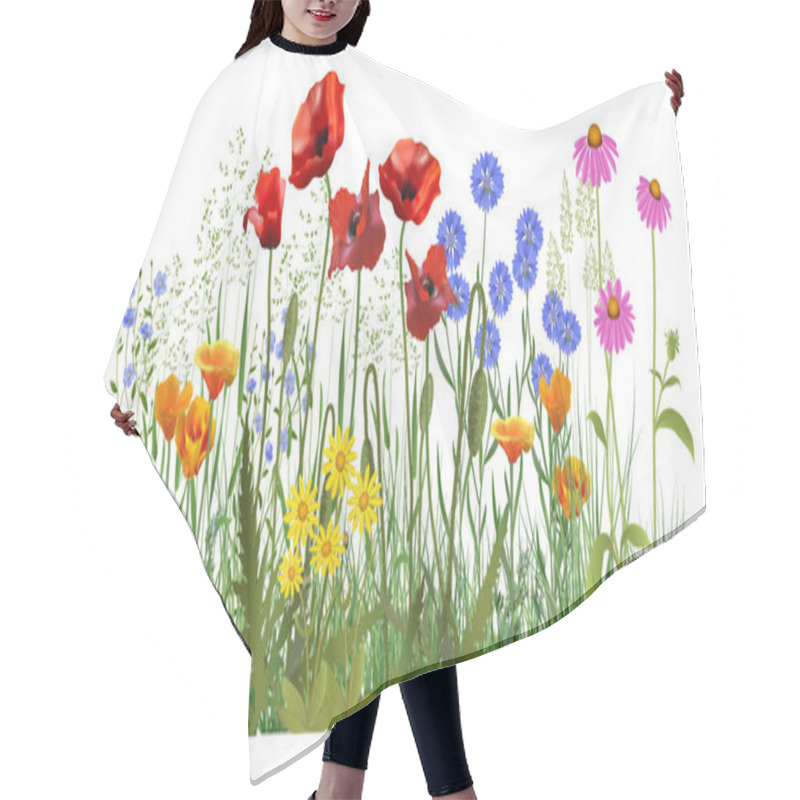 Personality  Detailed Illustration With Realistic Wildflowers And Medicinal Herbs. Herbal Plants. Hair Cutting Cape