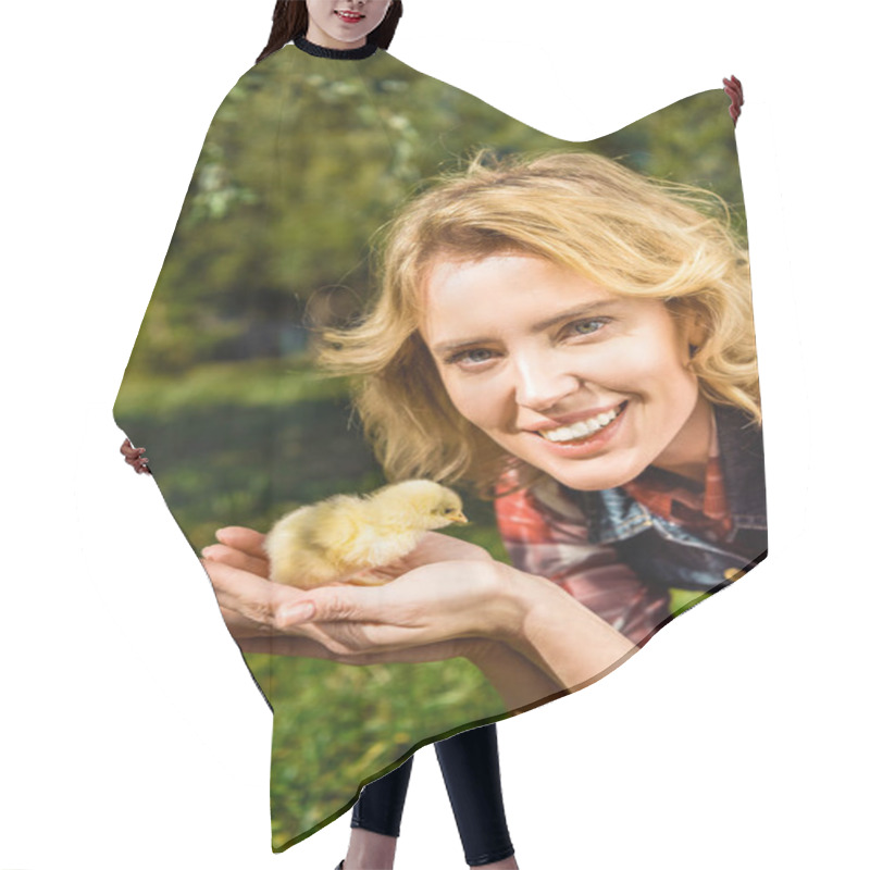 Personality  Portrait Of Woman Holding Adorable Yellow Baby Chick Outdoors  Hair Cutting Cape