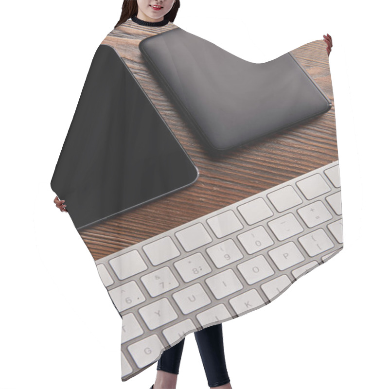 Personality  Top View Of Wireless Keyboard With Digital Tablet And Portable Hdd On Wooden Table Hair Cutting Cape