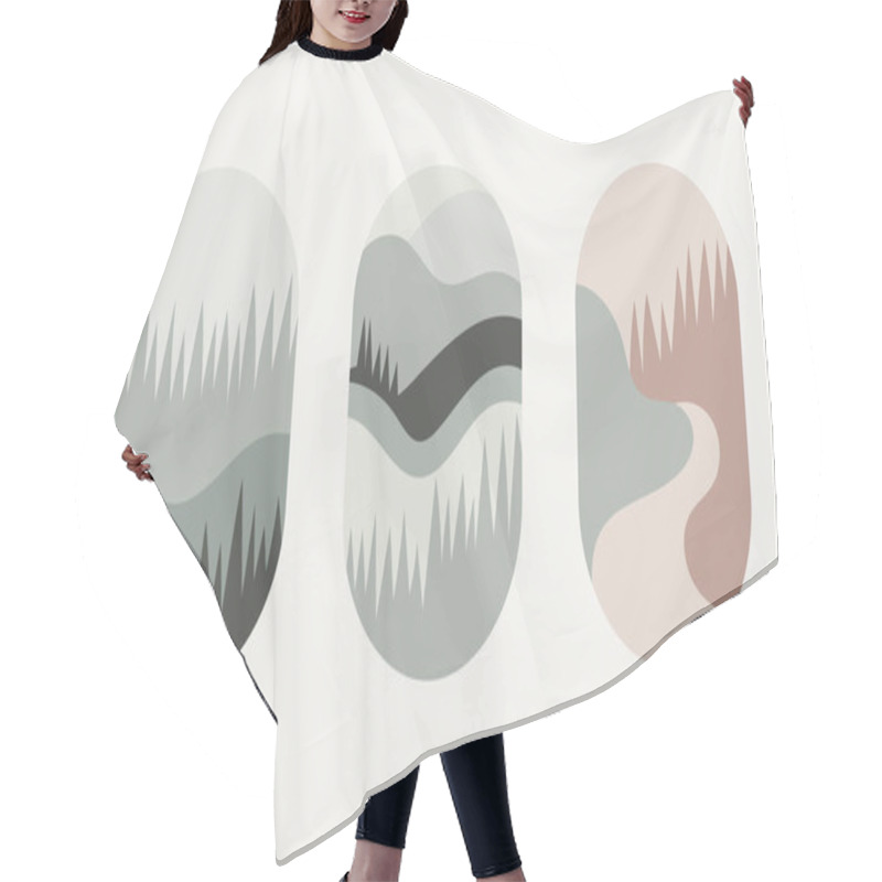 Personality  Vector Illustration. Horizontal Oval Illustration With Gentle Hills And Valleys. The Lines Are Smooth, The Colors Are Muted, With Pine Forests In The Background. Hair Cutting Cape