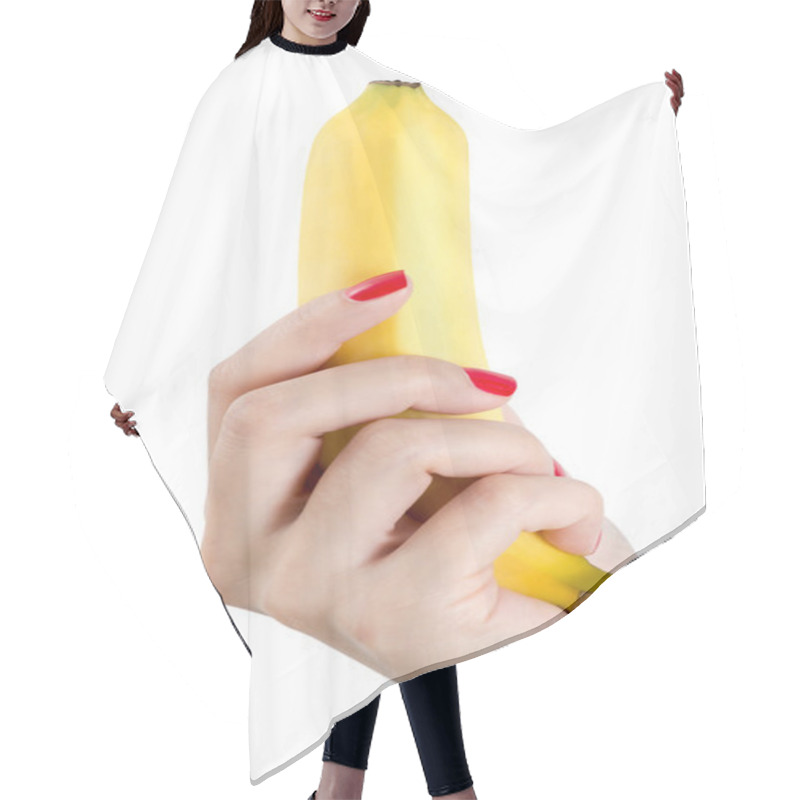 Personality  Woman With Red Nails Holding Banana. Hair Cutting Cape