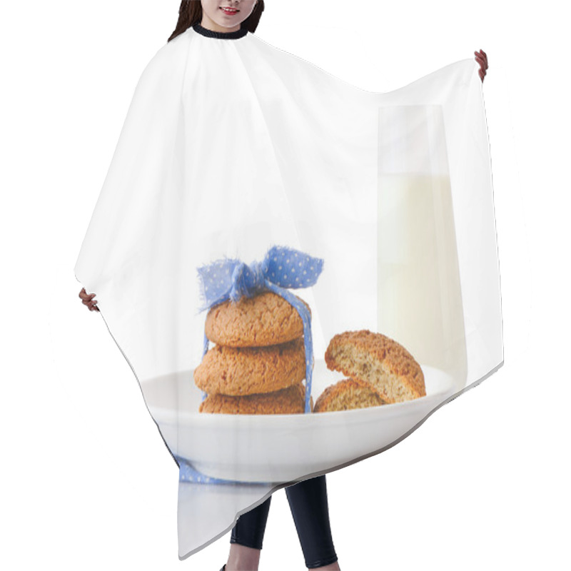 Personality  Oatmeal Cookies Tied With Blue Ribbon In Small White Polka Dots And Halves Of Cookies On White Ceramic Plate On Blue Napkin And Glass Of Milk Hair Cutting Cape