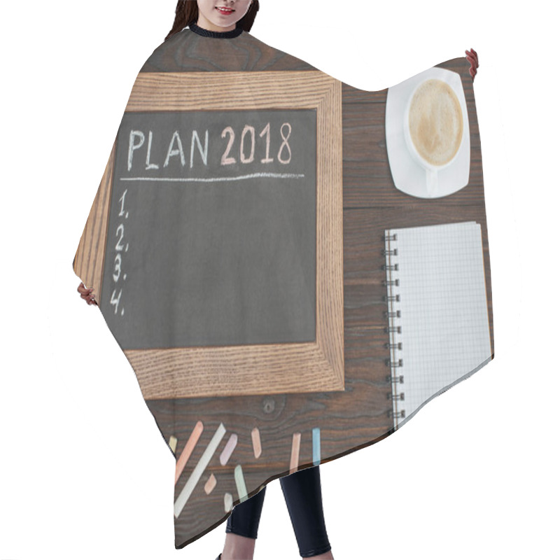 Personality  Flat Lay With Empty Chalkboard, Cup Of Coffee, Blank Notebook And Chalks On Dark Wooden Tabletop Hair Cutting Cape