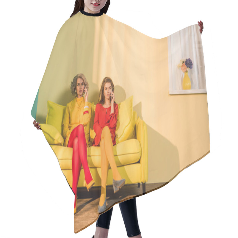 Personality  Retro Styled Women Talking On Smartphones On Yellow Sofa, Doll House Concept Hair Cutting Cape