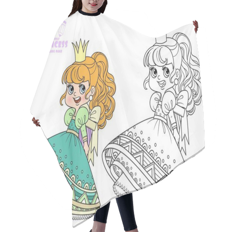 Personality  Cute Princess In Green Dress Holding A Gift Behind Her Back Outlined And Color For Coloring Book Hair Cutting Cape