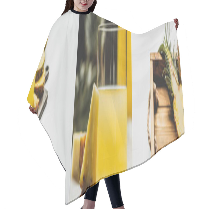 Personality  Collage Of Fresh Pineapple Juice And Cut Delicious Fruit In Tray On White Background, Panoramic Orientation Hair Cutting Cape