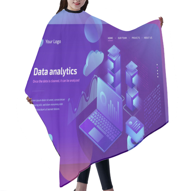 Personality  Concept Business Analytics Of Data Financial Graphs Or Diagrams, Landing Page Template. Financial Review With Laptop. 3d Isometric Illustration. Hair Cutting Cape