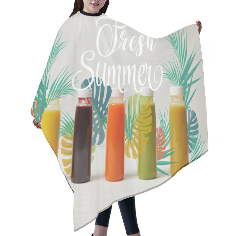 Personality  Detox Smoothies In Bottles Standing In Row, Refresh Concept, Fresh Summer Inscription Hair Cutting Cape