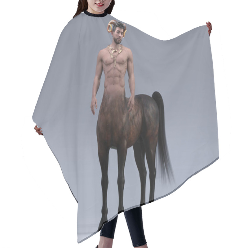 Personality  3D Rendering : A Portrait Of The Handsome Male Centaur Posing His Body With The Studio Background, Centaur Breed Hybrid With Goat Horn Hair Cutting Cape