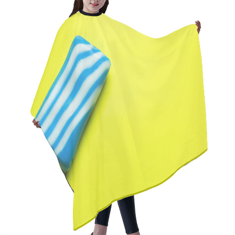 Personality  Top View Of Striped White And Blue Soap Bar On Bright Yellow Background Hair Cutting Cape