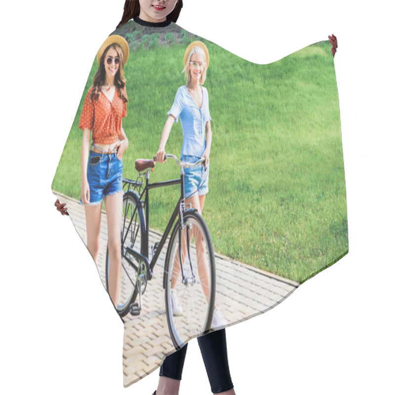 Personality  Young Smiling Women In Hats With Bicycle Walking On Street Hair Cutting Cape