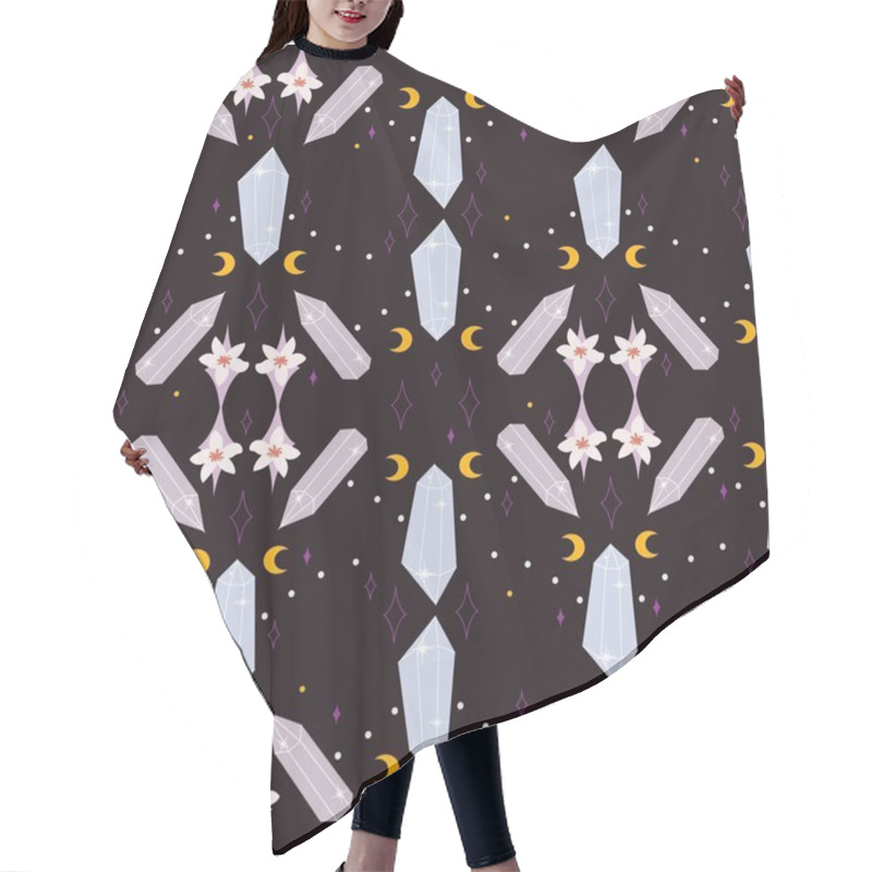 Personality  Cute Pastel Seamless Pattern With Pink And Blue Crystals, Moons, Stars, And Flowers On A Black Background Hair Cutting Cape