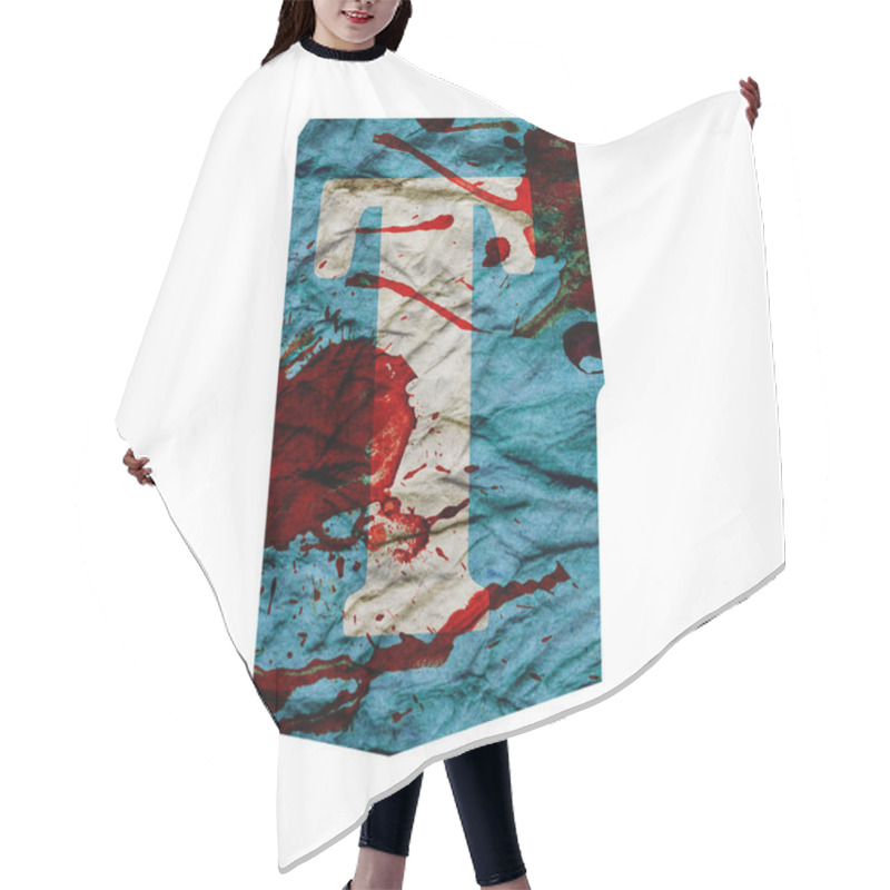 Personality  Cut Out Ransom Alphabet Letter. Blackmail Ransom Kidnapper Anonymous Note Font. English Letter Crumpled Grungy Vintage Old Paper Texture With Blood Splashes Isolated On A White. Collage Style Design Hair Cutting Cape