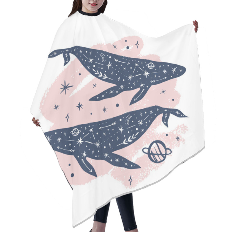 Personality  Vector Patterned Whales Couple, Moon And Stars, Space Constellations. Beautiful Onamental Animal Print, Northern Lights. Fairytale Fantasy Illustration Hair Cutting Cape