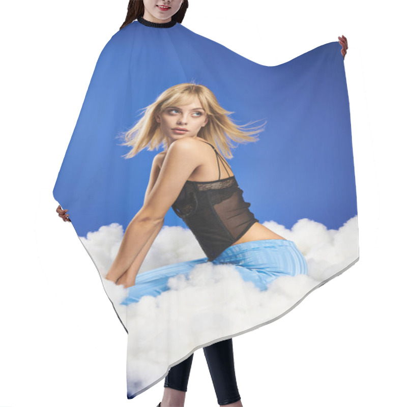 Personality  Blonde Woman In Black Top And Blue Skirt Poses On Fluffy Cloud In Vibrant Setting. Hair Cutting Cape