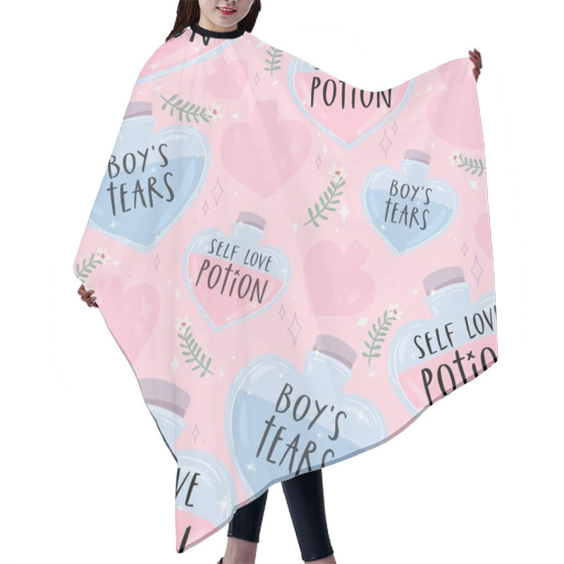 Personality  Cute Pastel Seamless Pattern With Love Potion Bottles On A Pink Background Hair Cutting Cape