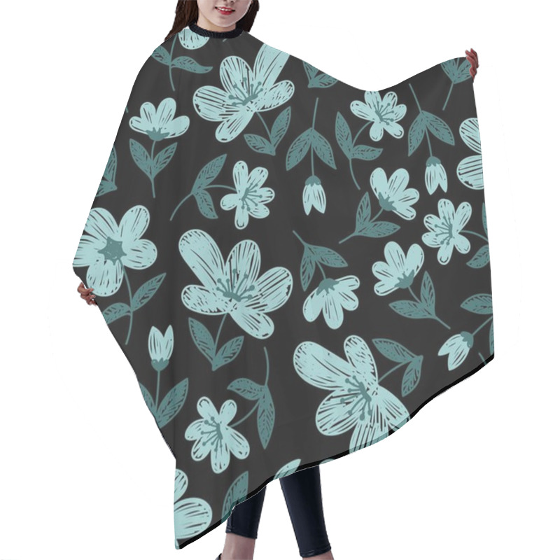 Personality  Seamless Pattern With Mint Painted Flowers On A Black Background In A Vector Hair Cutting Cape