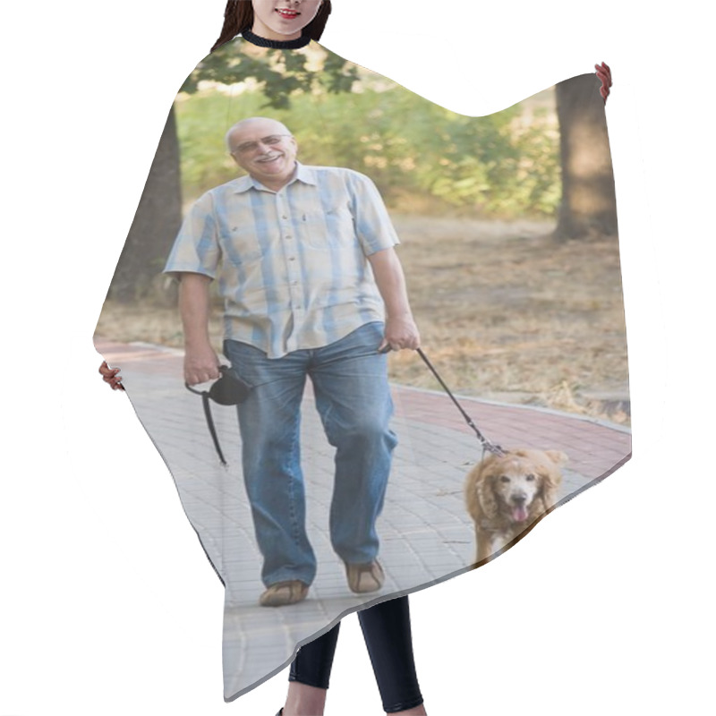 Personality  Smiling Old Senior With His Dog. Hair Cutting Cape