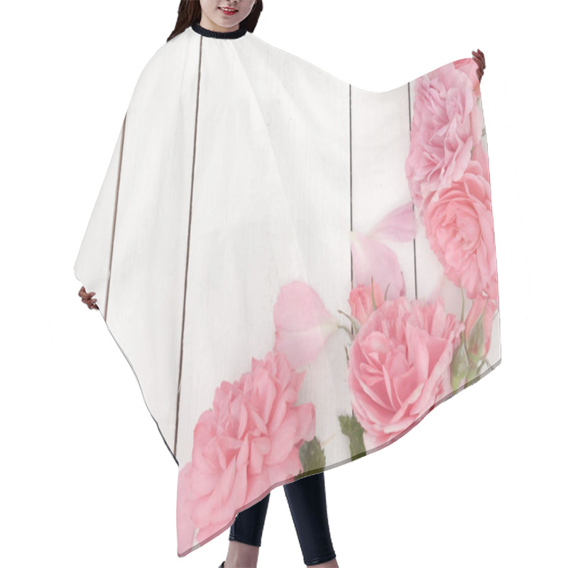 Personality  Romantic Pink Roses On White Wooden Background Hair Cutting Cape