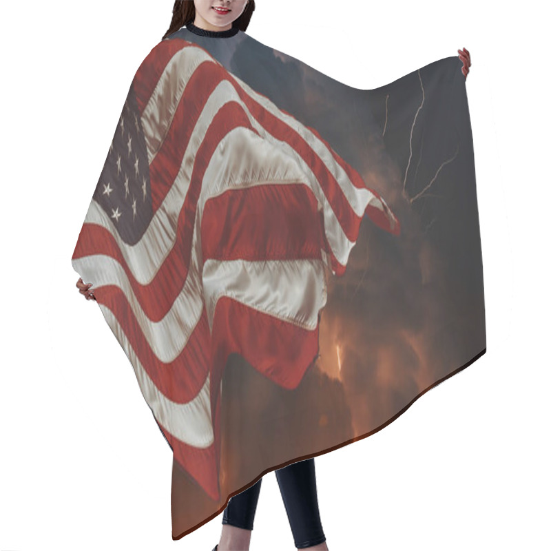 Personality  American Flag Waving In The Wind The Night Sky Thunderstorm With Lightning Hair Cutting Cape